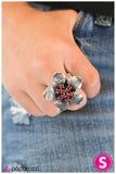 Paparazzi "Flowering Orchard" Red Rhinestone Exotic Flower Silver Tone Ring Paparazzi Jewelry