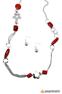 Paparazzi "Ode To Joy" RETIRED Red Faux Rock Silver Flower Accent Necklace & Earring Set Paparazzi Jewelry