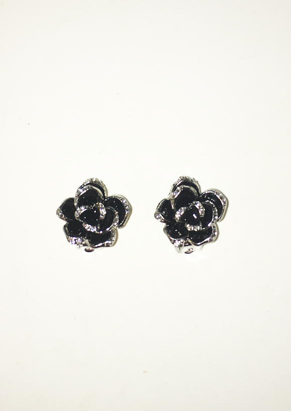 Paparazzi Black Flower White Rhinestone Encrusted Petal Silver Clip On Earrings Paparazzi Jewelry