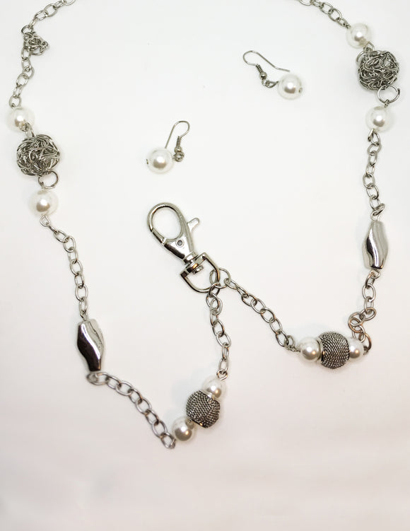 Paparazzi RETIRED White Pearl Ornate Silver Bead Lanyard Necklace  & Earring Set Paparazzi Jewelry