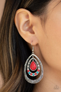 Paparazzi "Terra Teardrops" Red and Blue Stone Silver Teardrop Earrings Paparazzi Jewelry