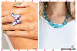 Paparazzi "Fluorescent Flutter" Purple Ring "Ice Versa" Blue Necklace & Earring Set Paparazzi Jewelry