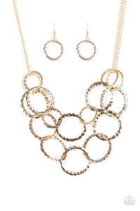 Paparazzi "Radiant Ringmaster" Gold Hammered Ring Necklace & Earring Set Paparazzi Jewelry